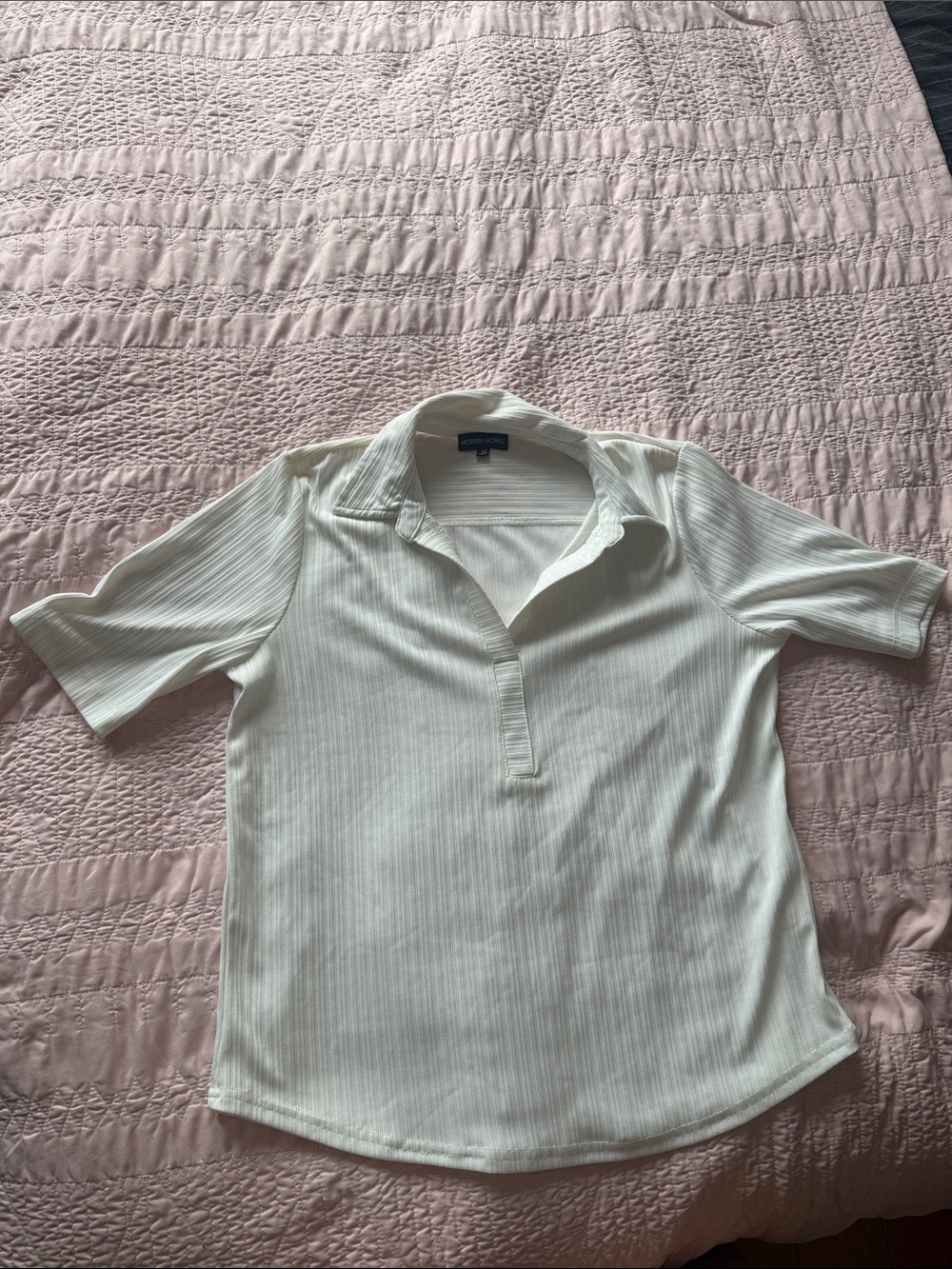 Ribbed Short Sleeve Polo Top in Cream